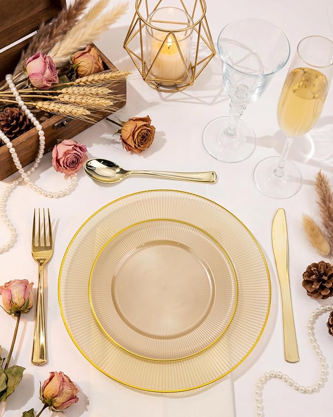 Hioasis 60pcs Brown and Gold Plastic Plates - Brown Disposable Dinnerware Set, 30pcs Dinner 10in & 30pcs Dessert 7in Plates with Striped Designs for Party & Wedding