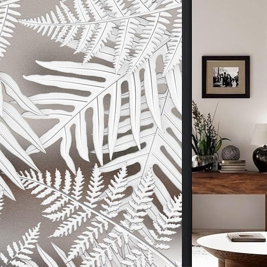 Faux 3D Frosted Tropical Window Privacy Film for Glass Door and Window， 16.93"x78.74" 3D-Ferns