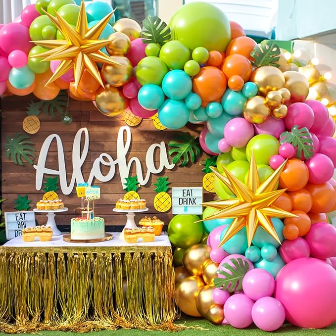 Summer Tropical Balloon Arch Kit, Rainbow Neno Balloon Arch, Hot Pink Green Orange lime Green Teal Blue Yellow Latex Rainbow Balloon for Hawaiian Luau Aloha Birthday Baby Shower Pool Party Decorations