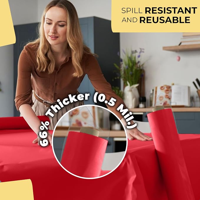 Party Solids 66% Thicker Premium Red Plastic Table Cover Roll 40" X 300' Table Cloth Plastic Cover Roll Quality Thick Banquet Rolls Disposable Tablecloth Rolls Strong American Based Company