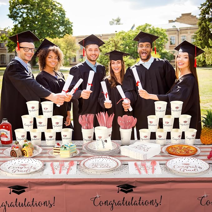 175pcs Class of 2026 Graduation Plates and Napkins Set, Disposable Paper Plate Set Polka Dots Napkin Cups Knife Fork Spoon for Graduation Party Decorations and Supplies,Serve 25(White Rosegold)