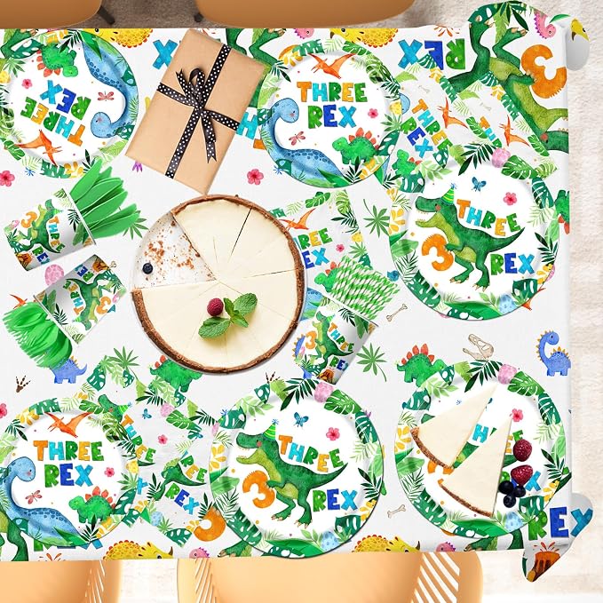 214pcs Three Rex Birthday Decorations Tableware Boy,Dinosaur Paper Plates and Napkins for Birthday Party,12 Balloons,Banner,Tablecloth,Cups,TRex Dinosaur Theme 3 Year Old Boy Party Supplies,Serve 24