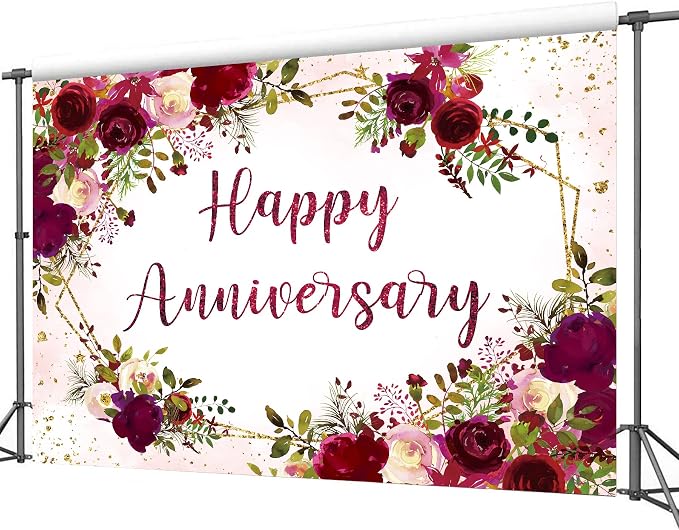 Happy Anniversary Backdrop 7Wx5H Feet Polyester Fabric Elegant Burgundy Flower Rose Plant Botanical Decoration Green Leaves Gold Glitter Photography Background Photo Shoot Props