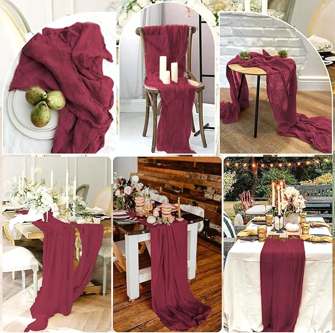 10 Pcs Burgundy Cheesecloth Table Runner 10FT, Gauze Cheese Cloth for Wedding Reception Rustic Sheer Bridal Shower Birthday Party Boho Table Decoration, Romantic Wedding Runner