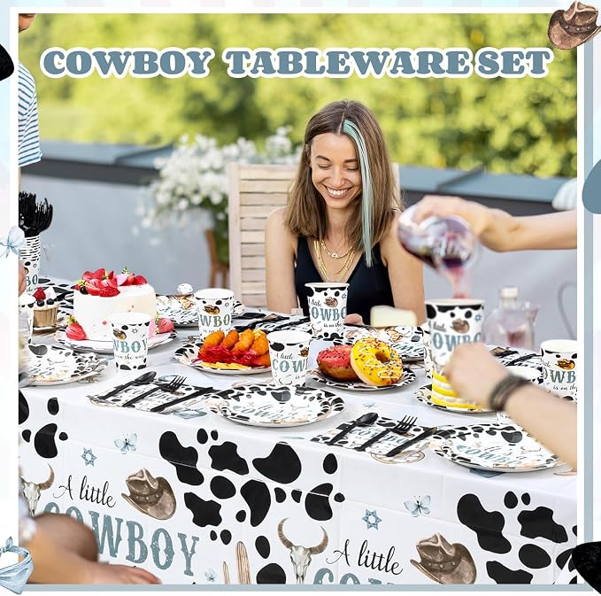 Funnymoom 452 Pcs Cowboy Baby Shower Party Decorations Include a Little Cowboy Is on the Way Paper Plates Napkins Cups Tablecloth Cutlery Straws for girl Girl Baby Shower Party Supplies