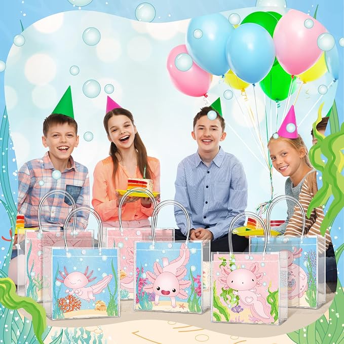 Teenyyou 24 Pcs Axolotl Party Favor Bags Amphibian Clear PVC Gift Bags with Handles for Birthday Party Decorations