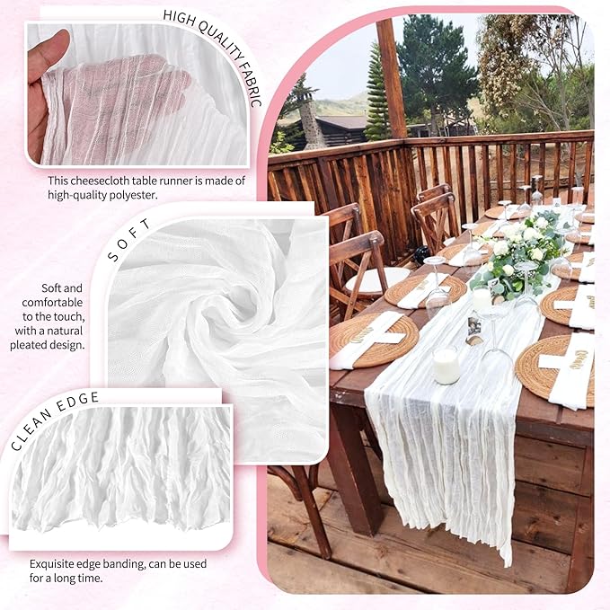 10 Pack White Cheesecloth Table Runner 10FT Boho Gauze Cheese Cloth Table Runners Romantic Rustic Sheer Table Decorations for Wedding Party Baby Shower Birthday Holiday Home