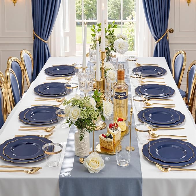 bUCLA 180PCS Blue Plastic Plates - Navy Blue and Gold Rim Disposable Include 30 Each (Dinner & Dessert) Plates, 30 Knives, 30 Forks, 30 Spoons and 30 Cups, Ideal for Party, Gathering & Graduation