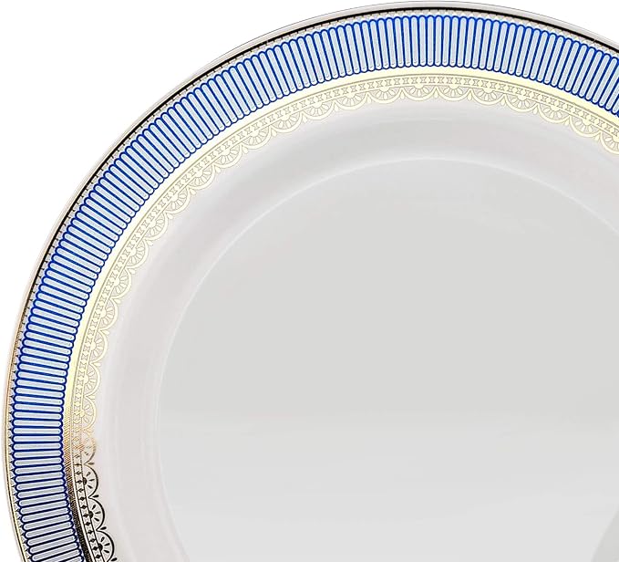 OCCASIONS 240 Disposable Plates for 120 Guests, Fancy Blue & Gold Heavyweight Scalloped Plastic Dinnerware Set for Wedding Party, BPA Free - 10.5" Dinner + 7.5" Salad/Dessert, Louvre in Blue & Gold