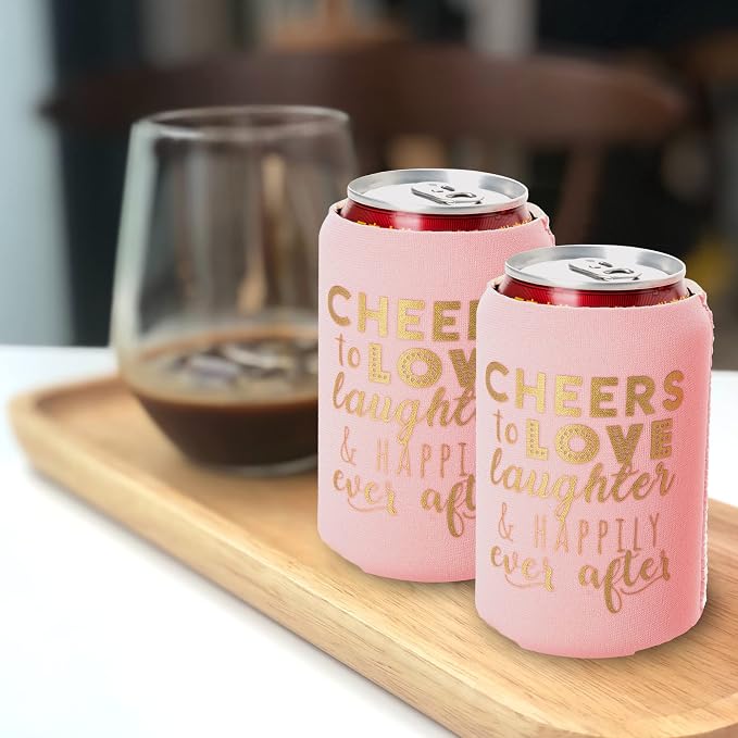Wedding Can Cooler Decorations Set of 12 - Cheers to Love Laughter and Happily Ever After, Wedding Rehearsal Dinner Decorations - Bridal Showers, Engagement Party Favors for Guests and Supplies