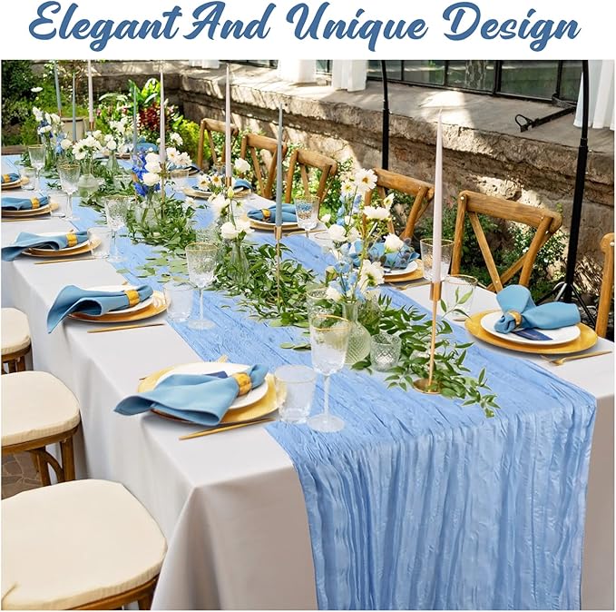 Buryeah 12 Pcs Cheesecloth Table Runner Boho Gauze Table Runner Bulk Rustic Cheese Long Romantic Runners for Wedding Bridal Shower Birthday Decor(Light Blue,28 x 120 Inch)