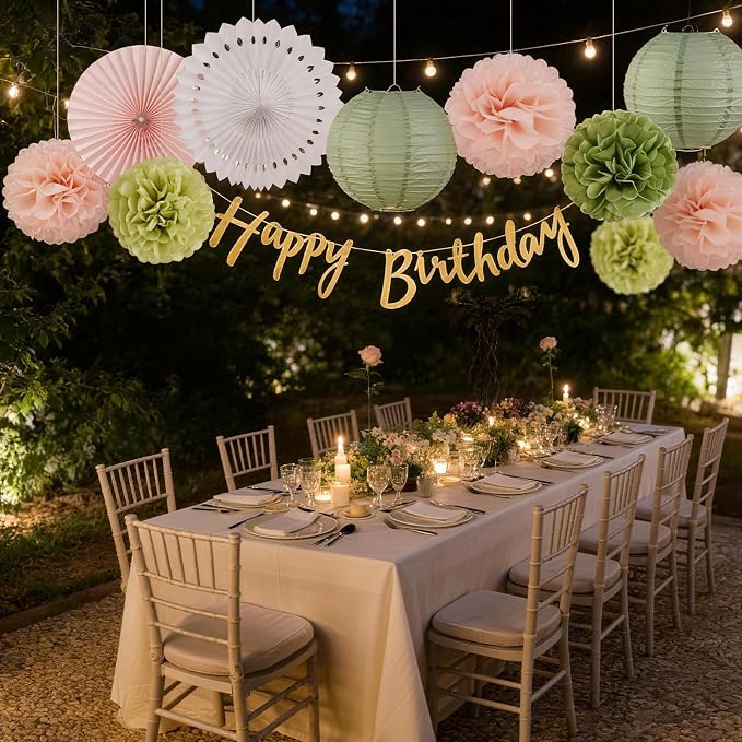 EASY JOY Sage Green and Pink Party Decorations Green Birthday Decorations Sage Tissue Pom Poms Paper Lanterns White Paper Fans (11pcs) for Women Girls Birthday Wedding Bridal Shower Baby Shower