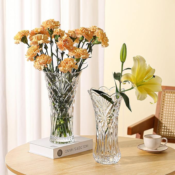 JASVIC 12 Inch Crystal Vase for Flowers with Luxury Gift Box, Snowflake Design, Large Crystal Clear Glass Vase Suitable for Home Office Decor, Mother's Day, Birthday, Wedding Anniversary