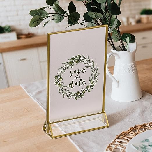 UNIQOOO Acrylic Sign Holders with Golden Border, Portrait View, Pack of 6 | 5x7 Double Sided Clear Frame