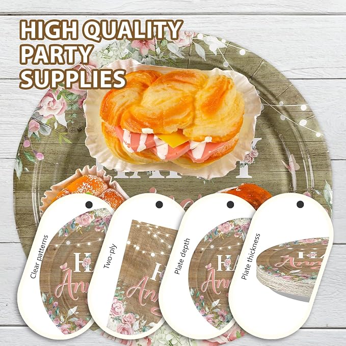 96Pcs Happy Anniversary Party Decorations Rustic Pink Floral Happy Anniversary Plates and Napkins Wooden Cheers to Marriage Decoration for 40th 50th Wedding Commemoration Day Party Supplies Serves 24