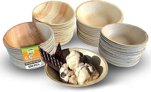 Raj Disposable Palm Leaf Bowls (100 Count, 6.5" Bowls) Strong Bowl Like Bamboo Party Bowl - Decorative Compostable Tableware for Lunch, Dinner, Birthday, Camping, Outdoor, BBQ, Picnic