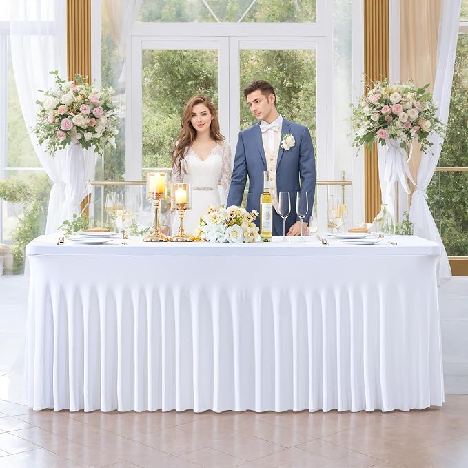 2 Pack White Table Cloth for 8 Foot Rectangle Tables Spandex Fitted Tablecloth 8ft Stretch Table Covers Skirt White Banquet Tablecloths Wrinkle Free Tablecloth for Party Wedding Birthday Event