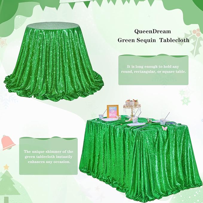 QueenDream Sparkly Sequin Tablecloth - Green Table Cloth 50x80 Inches Rectangle Table Overlay Fabric for Birthday Parties Baby Shower Decoration