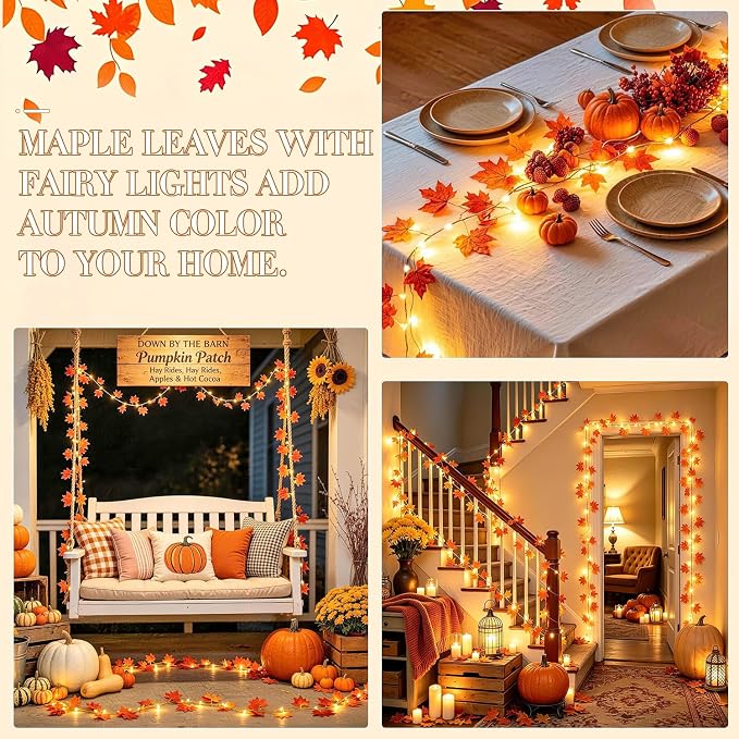 JMEXSUSS 48 LED Maple Leaf Lights, Battery Operated, 15.75 FT, Warm White | Fall Garland with Lights, Fall Lights Indoor, Vine with Fairy Lights, Indoor for Thanksgiving, Room, Autumn, Fall Home Decor