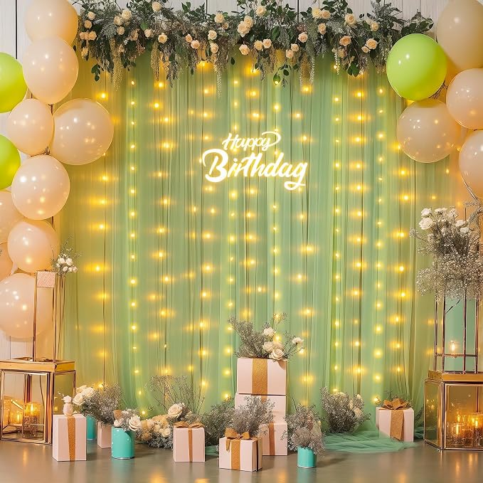 6 Panels Sage Green Sheer Tulle Backdrop Curtains with Lights for Party Wedding Wrinkle Free Curtain Backdrops Drapes for Baby Shower Birthday Photo Back Drop Background Home Decorations 30ft x 8ft