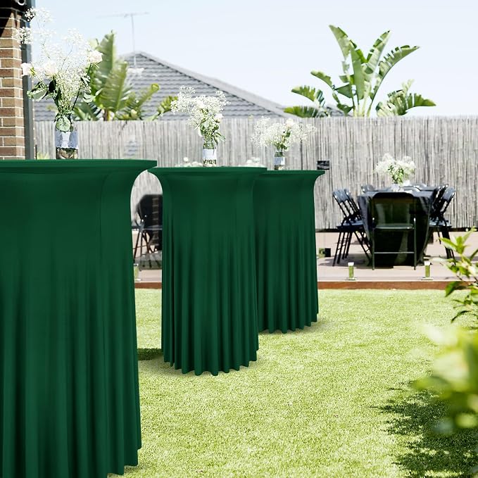 6 Packs Round Cocktail Table Skirt 32"x 43" Spandex Stretch Cocktail Tablecloth with Wavy Drapes, Dark Green Spandex Fitted High Top Table Covers for Wedding Bar Party Birthday Banquet Table