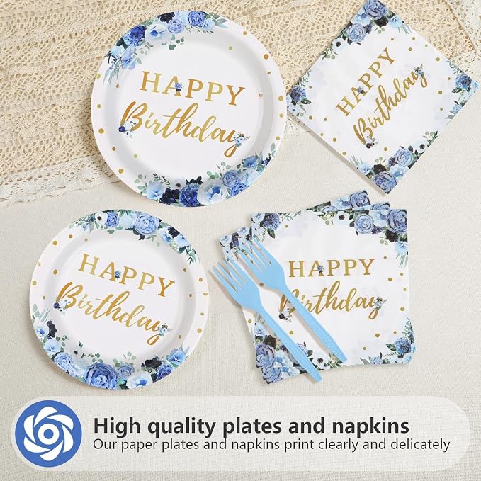 Grencian 96 Pcs Blue Flower Birthday Party Supplies Blue Floral Plates and Napkins Floral Themed Tableware Sets for Women Girls Birthday Party Decorations Serves 24