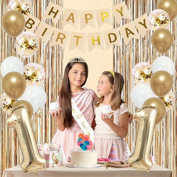 Trgowaul 11th Birthday Decorations for Girls, Banner, Sash and Crown, Cake Topper, 11 Number Balloon, Fringe Curtains, Champagne Gold 11th Birthday Party Supplies