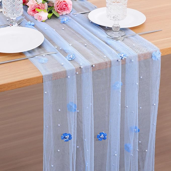 BINBE 4pcs Flower Pearl Table Runner Spring Summer Rustic Boho 10ft Tulle Table Runner for Baby Shower Wedding Veil Holiday Dessert Table Decor Blue