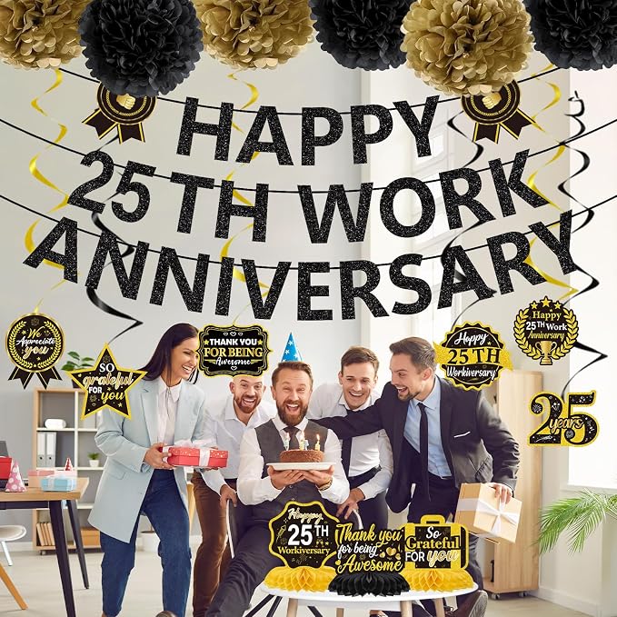25th Work Anniversary Party Decorations - 17PCS Black Gold 25th Work Anniversary Banner Hanging Swirls Honeycomb Centerpieces Pompoms Decor, Workiversary Office Appreciation Supplies