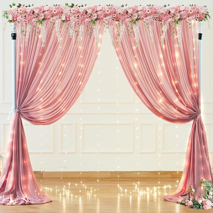 20ft x 10ft Dusty Rose Chiffon Backdrop Curtain with Lights String for Parties,4 Panels Sheer Tulle Curtain Wedding Backdrop for Baby Shower Birthday Party Ceremony Reception Home Decorations