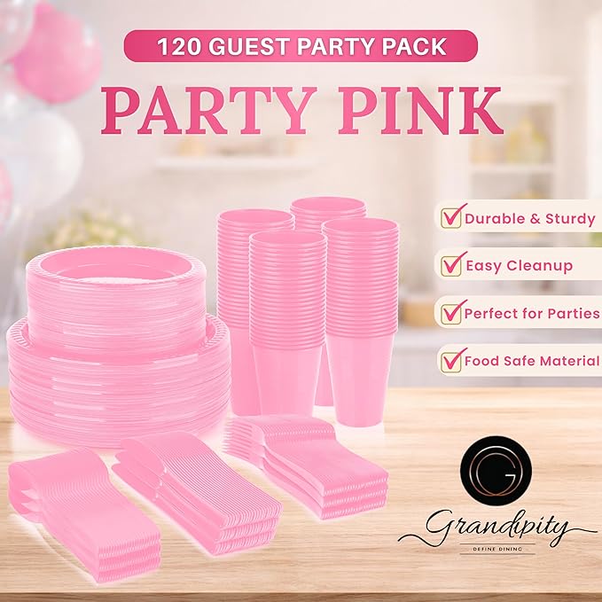 Grandipity 720 Piece Disposable Dinnerware Set, Plastic Dinnerware Set Includes 120 Count 9' Dinner Plates, 7' Dessert Plates, 12oz Cups, Forks, Knives & Spoons - Pink
