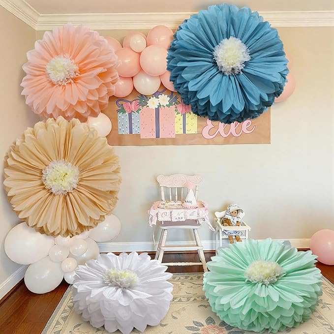 Chunful 5 Pcs 30'' 24'' Gaint Boho Style Tissue Paper Flowers Decoration Large Hanging Tissue Paper Pom Poms Decor for Easter Birthday Bachelorette Wedding Baby Shower Bridal Shower Party Decoration
