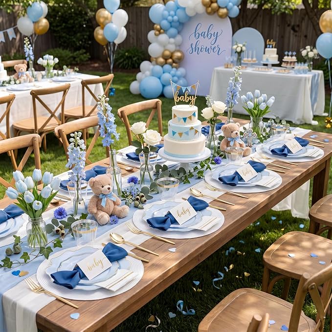 WDF 175Pcs Blue Plastic Plates - Heavy Duty Baby Blue Plates Disposable - 25Guests Plastic Dinnerware Ideal for Parties/Wedding/Baby Shower/Spring/First Communion/Father‘s Day