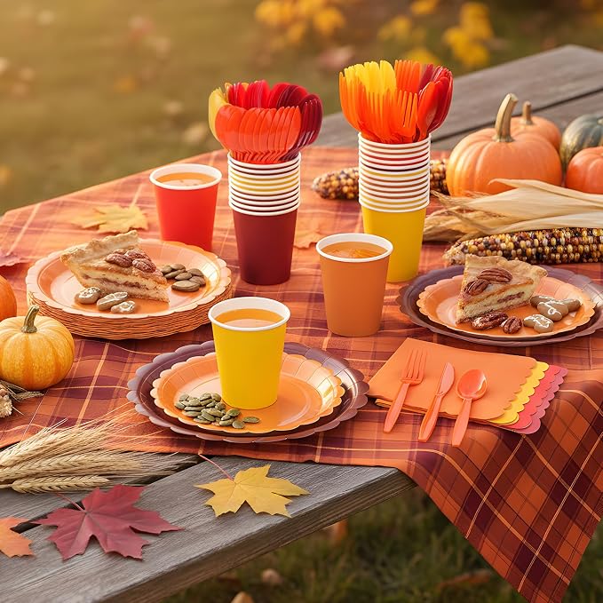 Ziliny 350 Pcs Fall Thanksgiving Plates and Napkins, 50 Guest Autumn Party Supplies Include Scalloped Paper Plates Napkins Cups Plastic Spoons Forks Knives Disposable Tableware Set for Harvest Party