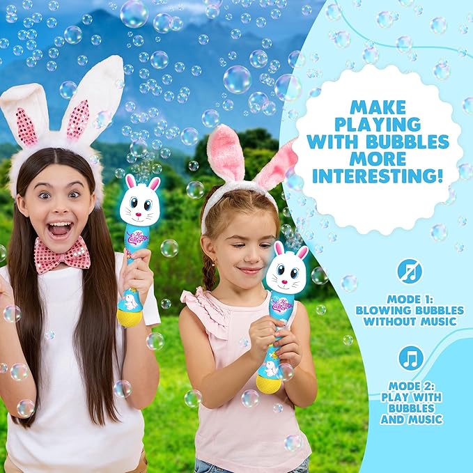 ArtCreativity Easter Bunny Bubble Wand (2 Pack), Easter Basket Stuffers for Toddler, 14" Light Up Automatic Bubble Maker with LED & Music, Bubbles for Kids, Toys for Toddlers
