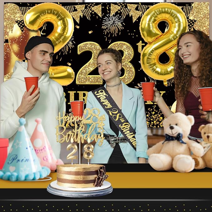 28th Birthday Decorations Men Women with 28th Birthday Banner, Black and Gold Table Cloth, Number Balloons, Large Sash, Cake Topper and Candles