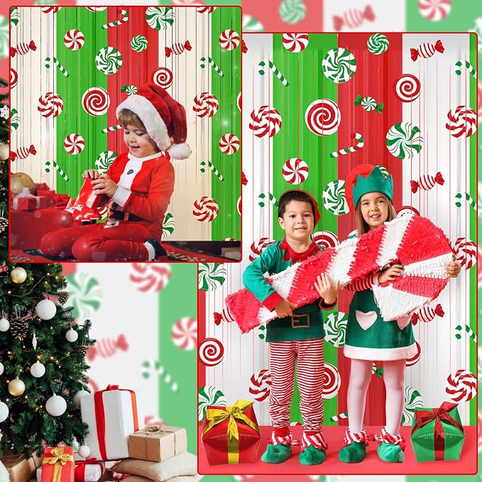 Blosssound 4 Packs Christmas Party Decorations 3.3 x 6.6 ft Candy Cane Theme Foil Fringe Curtain Xmas Holiday Tinsel Streamers for Xmas Winter Holiday Baby Shower Decoration(4 Packs, Christmas Candy)