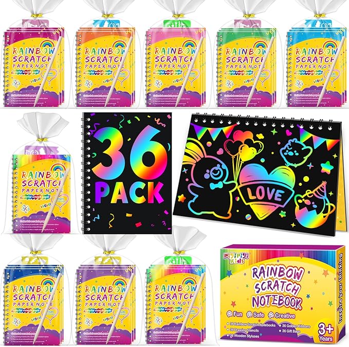 Party Favors for Kids 4-8-12: 36 Pack Scratch Rainbow Art Notebook, Colorful Crafts Goodie Bags Kit, Bulk Gifts for Valentines Easter Basket Stuffers Birthday Girl Boy Children Classroom Prizes