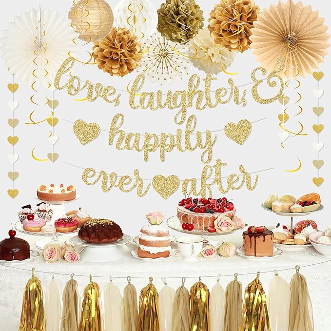 Roetyce Engagement Party Decorations, Gold Glitter Love Laughter & Happily Ever After Banner for Bridal Shower, Wedding Bachelorette Party Backdrop, Almost Married/Just Engaged Photo Background Decor