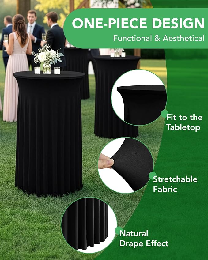 KeyWave Cocktail Table Tablecloth with Skirts - 24x43 Inch Wavy Spandex High Top Cocktail Table Covers, Ruffle Drape Highboy Tablecloth Reusable for Party Wedding Cake Standing Table, Black, 6 Pack