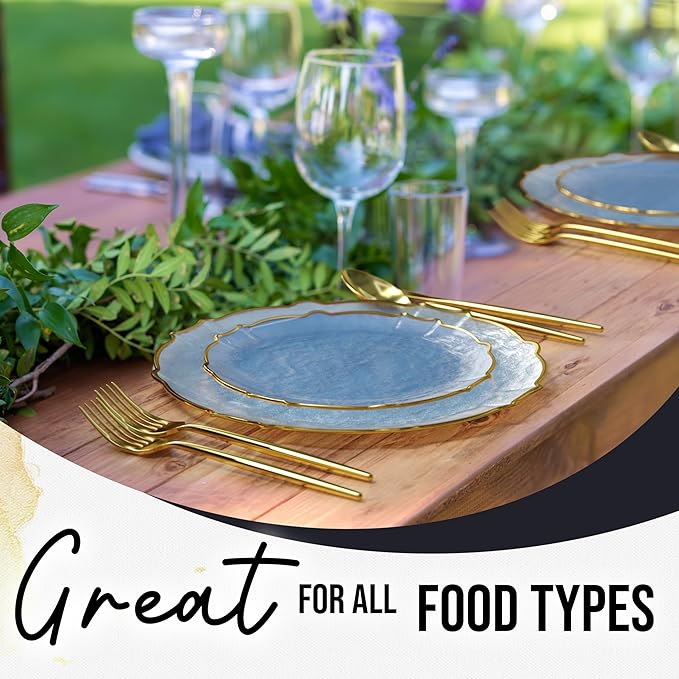 Exquisite Plastic Plates for Party 40 Piece Fancy Plastic Dinner Plates For 20 Guests 20 X 7.5 Dessert Plates & 20 X 10 Thin Delicate Disposable Dinnerware Charger Plate Spring Lake Gold Rim