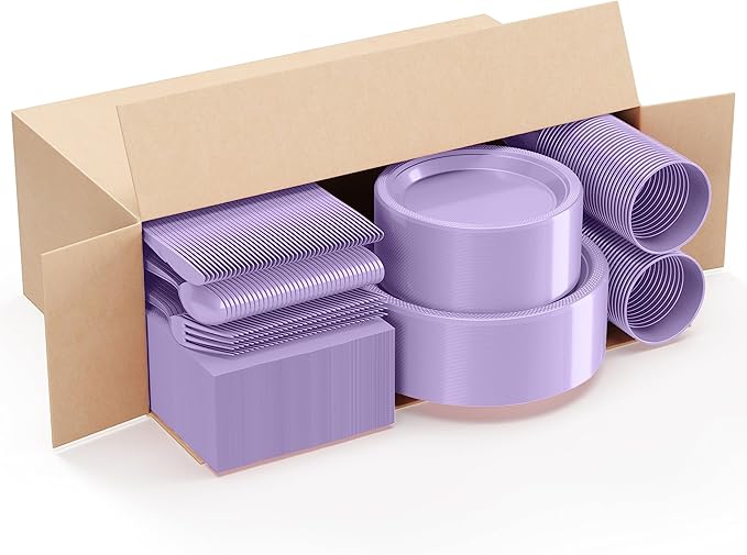 350 Pcs Lavender Plastic Plates For Party, Lavender Disposable Plates Set, 50 Of Each 9" Dinner Plate Set, 7" Dessert Plate, Cups, Napkins & Cutlery Plastic Dinnerware Set Exquisite