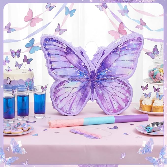 VioraWhite Butterfly Piñata for Birthday Party Supplies Purple Butterfly Piñata Decorations with Pink Purple Stick and Blindfold for Birthday Party Decorations Game Supplies