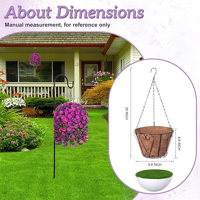 Ammyoo Artificial Fake Hanging Flowers Basket for Spring Decor, Faux Silk Flower in Planter for Summer, Outdoor Artificial Floral for Home Porch Yard(Purple-red Deep Purple)
