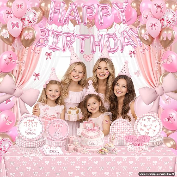219Pcs Pink Bow Birthday Decorations, Coquette Tableware Set 24 Guests | Birthday plates and napkins, pink balloons, bow tablecloth and stickers for party supplies setup