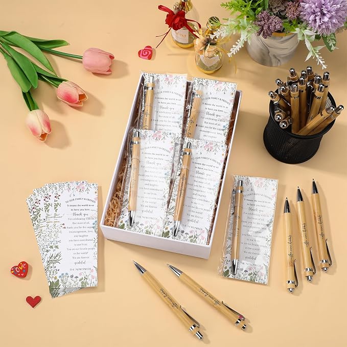 Spakon 36 Sets Wildflower Wedding Favors for Guests Bamboo Pens with Thank You Cards Clear Gift Bags Bridal Shower Gifts for Guest Souvenirs