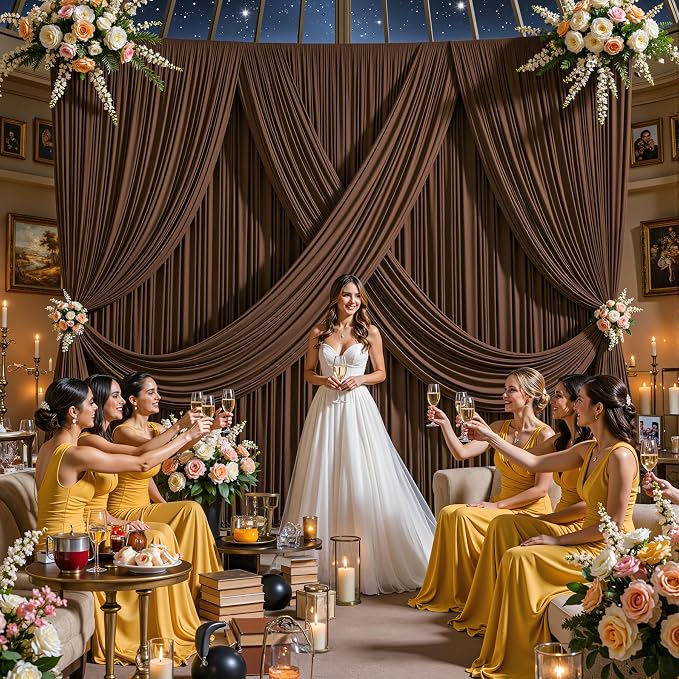 10ftx12ft Wrinkle Free Brown Backdrop Curtain, 6 Panels 12FT Long Wedding Photo Backdrop Drapes, Silky Polyester Back Drop Cloth for Birthday Photography Background Party Backdrop Draping