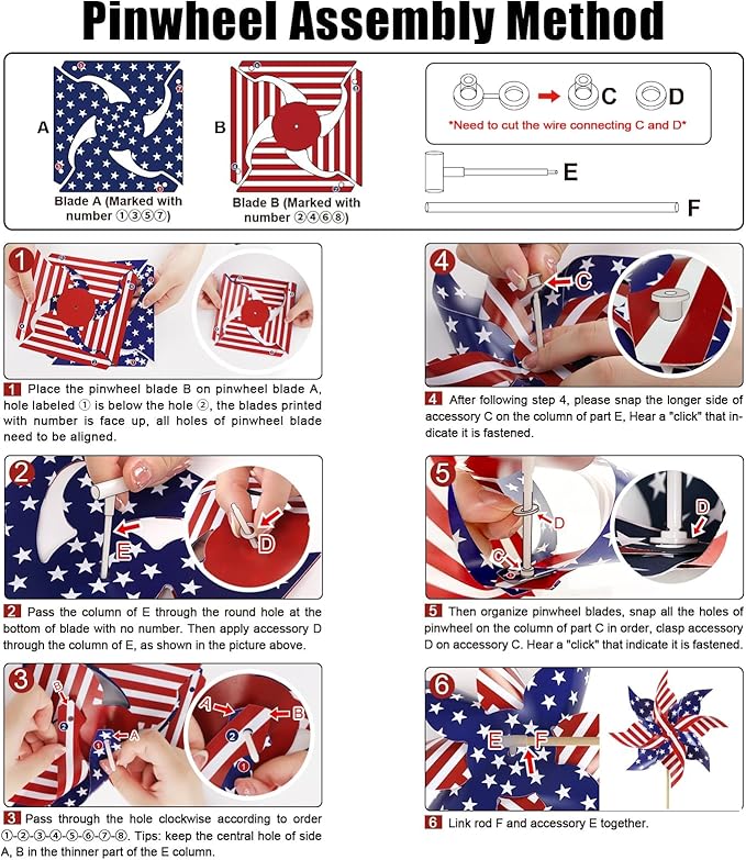 HOOSUN 4th of July Decorations,12Pcs American Flag Patriotic Pinwheels for Yard and Garden,Fourth of July Pinwheels Patriotic Memorial Day Decorations,Garden Wind Spinners,Pinwheel for Kids,Lawn,Patio