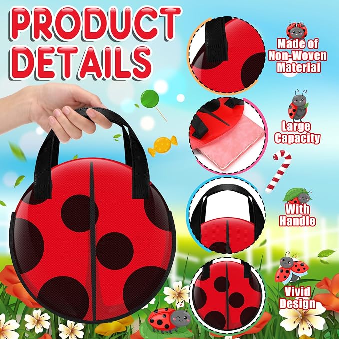 Locmeo 28 Pcs Ladybug Party Favors Birthday Gift Bags Bulk Non Woven Lady Bug Candy Treat Bags with Handle Red Black Polka Dots Goodie Fillers Classroom Prize for Holiday Supplies Decoration