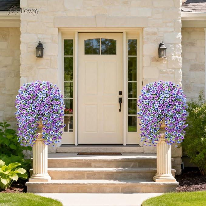 Artificial Hanging Flowers for Outdoors Spring Summer Decoration, 8PCS UV Resistant Silk Fake Hanging Plants for Patio Porch Front Yard Window Garden Indoor Decor(Blue&Purple,8PCS)